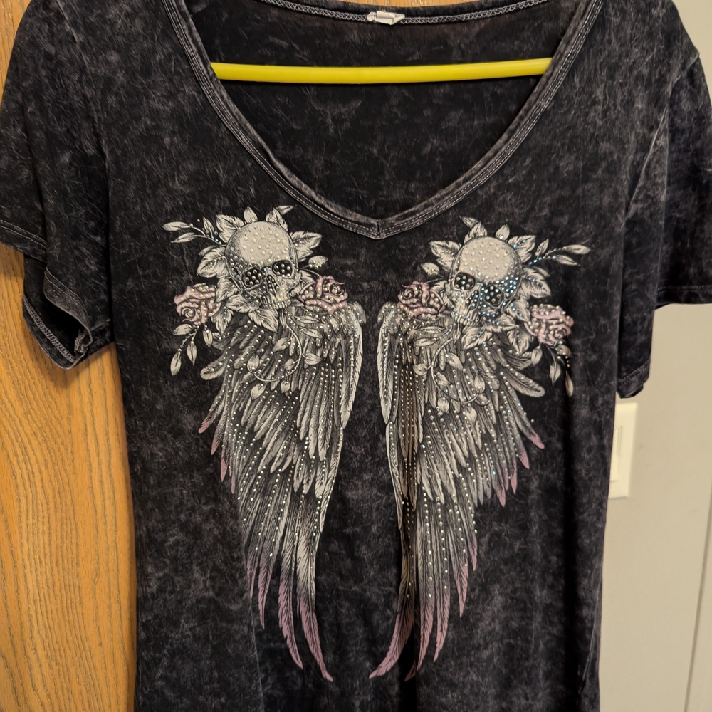 Black V-Neck T-Shirt with Skull and Wing Design